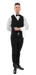 Handsome young waiter with towel on white background