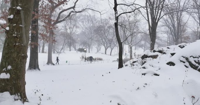 NEW YORK - Circa December, 2016 - Tourists walk and play in the snow near an entrance to Manhattan's Central Park.  	