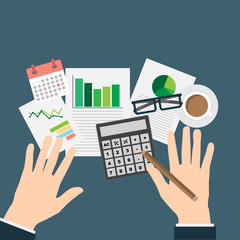 Tax payment. Government, state taxes. Data analysis, paperwork, financial research, report. Businessman calculation tax return. Flat design. Tax form vector. Payment of debt.