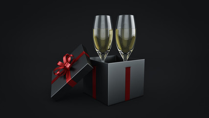 Champagne glasses and gifts ready to bring in the new year. 3d rendering