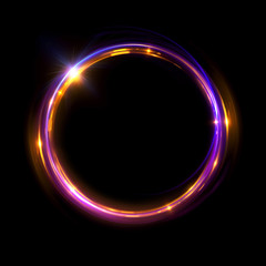 Abstract neon background. luminous swirling bunner. Glowing spiral. Shine round frame with light circles light effect. Glowing cover. Space for your message. Glossy. LED ellipse
