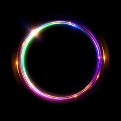 Abstract neon background. luminous swirling bunner. Glowing spiral. Shine round frame with light circles light effect. Glowing cover. Space for your message. Glossy. LED ellipse