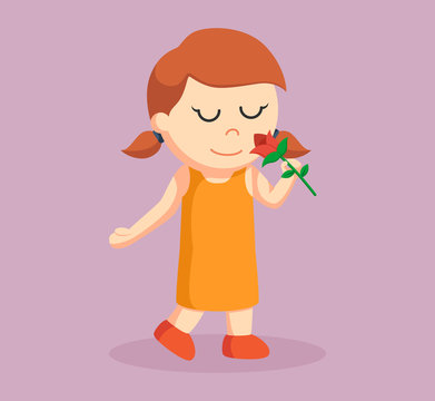 little girl smelling rose flower