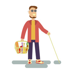 Blind person with walking stick is a Customer with shopping basket in supermarket. Isolated Vector illustration of Disabled man