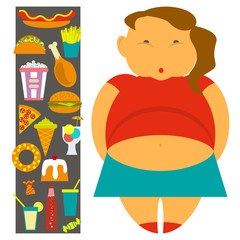 Obesity infographic template - junk fast food, childhood overweight elements, fat kids. Diet and lifestyle data visualization concept poster. Vector illustration eps10