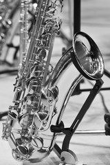 Fragment valves saxophone closeup in black and white