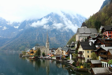 Fototapeta premium View of famous Hallstatt mountain village with Hallstatter Hallstatt is UNESCO World Culture Heritage. See in rainy day.