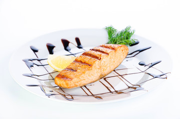 Salmon fish fillet grilled steak on a white background