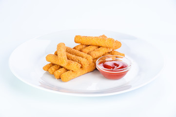 Crispy cheese sticks deep-fried on a white background