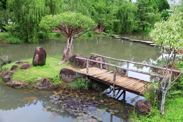Fototapeta na wymiar Wooden bridge in the garden