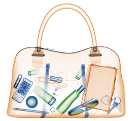 Briefcase under xray on security control. 3D illustration.