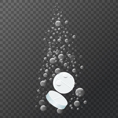 Soluble drug with fizzy trace isolated on transparent background vector illustration. Vitamin in water effervescent with water bubbles.
