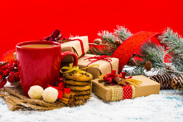 Christmas holiday background with coffee cup