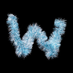 Fototapeta premium Festive alphabet made of blue tinsel. Letter W on black background. Isolated
