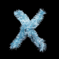 Festive alphabet made of blue tinsel. Letter X on black background. Isolated