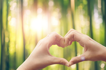 Female hands heart shape on nature green bokeh sun light flare and blur leaf abstract background.