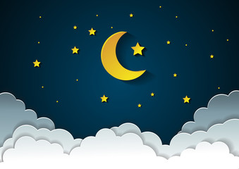 Obraz na płótnie Canvas moon and stars in midnight .paper art style