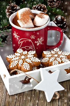 Hot Cocoa With Marshmallows And Gingerbread Cookies On The Wooden Background. Christmas Concept