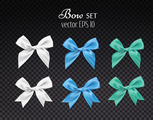 Vector 3d realistic ribbon colored bows set. dark transparent background