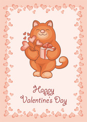 Greeting card happy Valentine's day. The image of the big red cat and hearts.