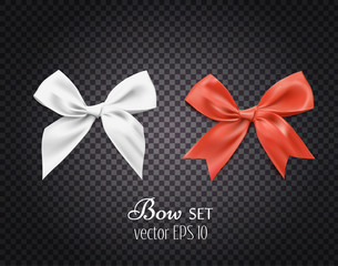 Vector 3d realistic ribbon white, red bows. dark transparent background