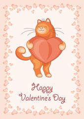Greeting card happy Valentine's day. The image of the big red cat and hearts.