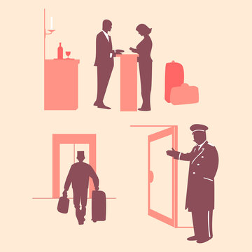 Hotel services. Reception. Vector illustration. Pink background.

