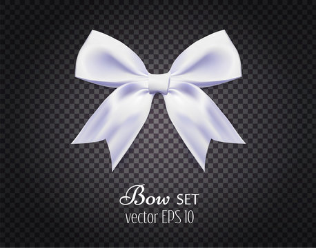 Vector 3d realistic ribbon white bow on dark transparent background