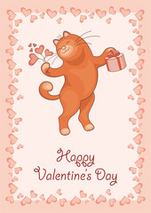 Greeting card happy Valentine's day. The image of the big red cat and hearts.