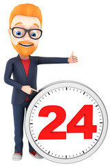Cheerful businessman points to the large clock 24. 3d render ill