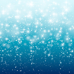 Falling snow on a blue background. Vector illustration 10 EPS. Abstract white glitter snowflake background. Vector magic Christmas eve snowfall.