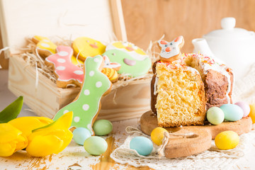 Easter decorations on white wood background