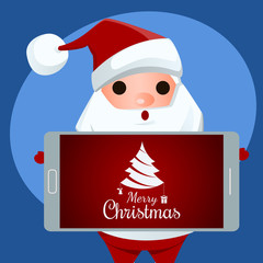 Santa Claus holding smartphone show message Merry Christmas. Cartoon Vector Illustration.