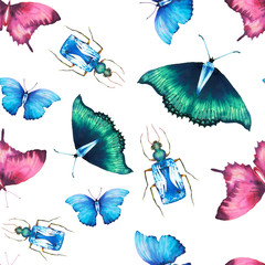 Watercolor butterfly and beetle with diamond seamless pattern. Hand drawn texture with jewelry animals on white background. Fashion print design