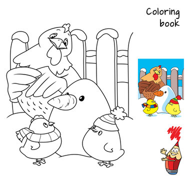 Two little chicken, hen and snowman. Coloring book. Cartoon vector illustration