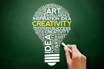 Creativity bulb word cloud collage, business concept on blackboard