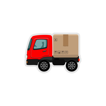 Delivery truck with a cardboard box. Fast delivery service concept. Cargo transportation. Colorful decision.Vector icon isolated on a white background.