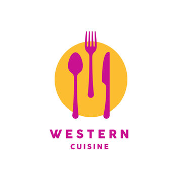 Western cuisine logo with knife, fork and spoon cutlery icon. Vector illustration.
