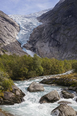 Mountain valley with river and glacier, Briksdal,  Norway