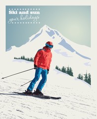 Fototapeta na wymiar Vector winter poster, background. Advanced skier slides down the mountain