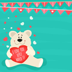 Cute Teddy Bear holding red heart for Happy Valentine's Day celebration.