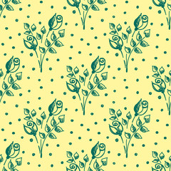 Seamless vector hand drawn seamless floral  pattern. Yellow background with flowers, leaves, dots. Decorative cute graphic drawn illustration. Template for background, wrapping, wallpaper.