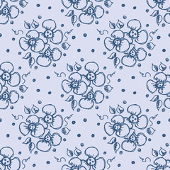 Seamless vector hand drawn seamless floral  pattern. Blue background with flowers, leaves, dots. Decorative cute graphic drawn illustration. Template for background, wrapping, wallpaper.
