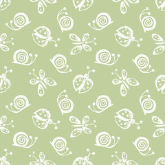 Seamless vector hand drawn seamless pattern with insect. Green pastel background with ladybug, butterfly, snail Decorative cute graphic drawn illustration Template for background, wrapping, wallpaper