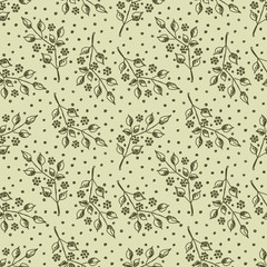 Seamless vector hand drawn seamless floral  pattern. Green background with flowers, leaves, dots. Decorative cute graphic drawn illustration. Template for background, wrapping, wallpaper.