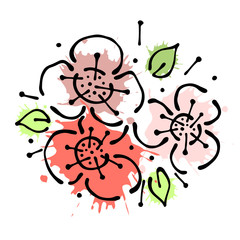 Vector floral illustration. bouquet with flowers, leaves, decorative elements isolated on the white background. Hand drawn contour lines and strokes. Doodle style, graphic vector illustration