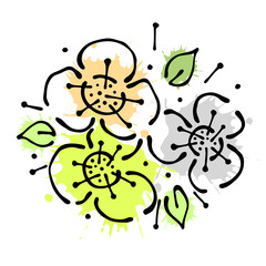 Vector floral illustration. bouquet with flowers, leaves, decorative elements isolated on the white background. Hand drawn contour lines and strokes. Doodle style, graphic vector illustration