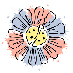 Vector floral illustration with ladybug on the flower, dandelion with insect isolated on the white background Hand drawn contour lines and strokes Doodle style, graphic vector illustration