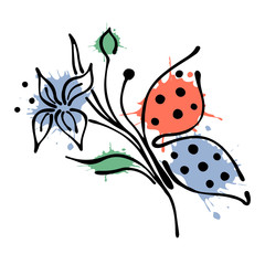 Vector floral illustration of butterfly with flowers, leaves, decorative elements isolated on the white background Hand drawn contour lines and strokes Doodle style, graphic vector illustration