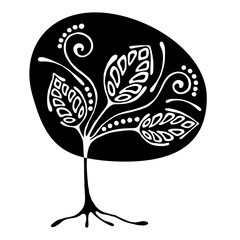 Vector hand drawn illustration, decorative ornamental stylized tree. Black and white graphic illustration isolated on the white background. Inc drawing silhouette. Decorative artistic ornamental wood